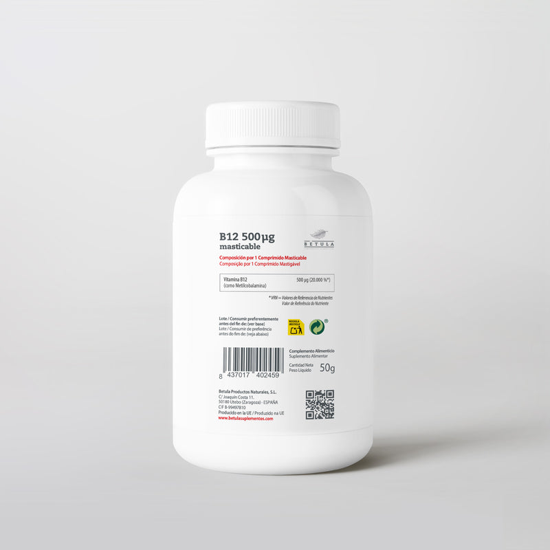 B12 500 µg Mastigável 100 Comp Bétula — verso com tabela nutricional e ingredientes