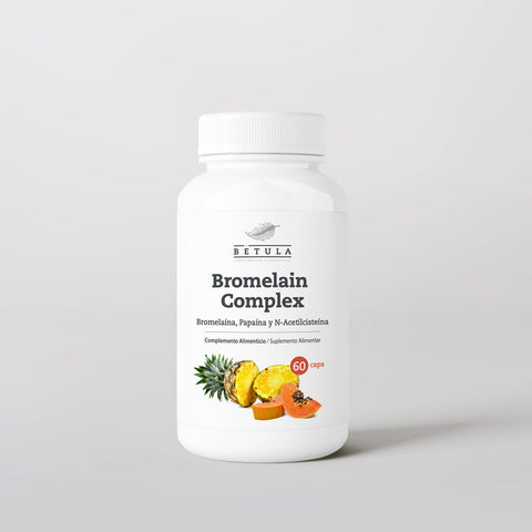 Frasco de Bromelain Complex Bétula com 60 cápsulas de bromelina, papaína e N-acetilcisteína