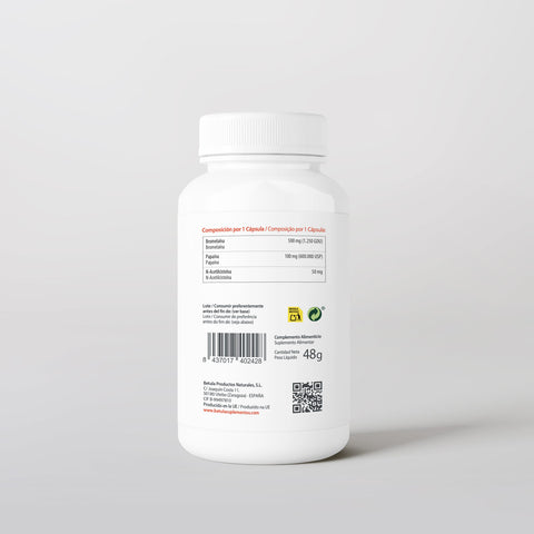 Bromelain Complex 60 Caps Bétula — verso com tabela nutricional e ingredientes