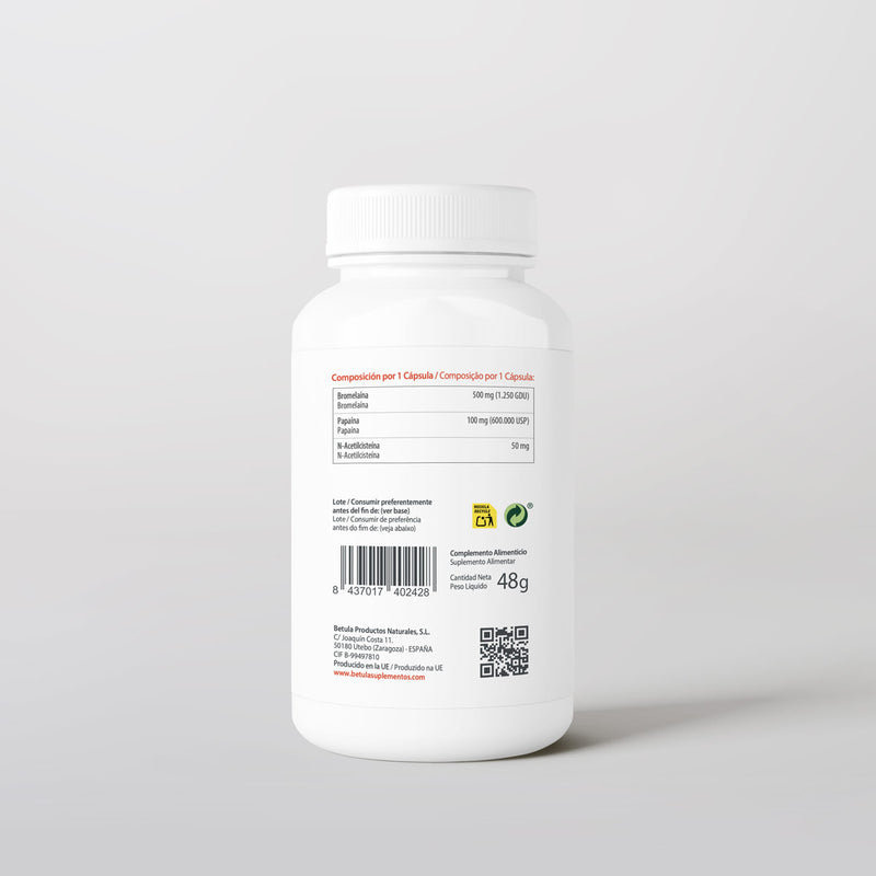 Bromelain Complex 60 Caps Bétula — verso com tabela nutricional e ingredientes