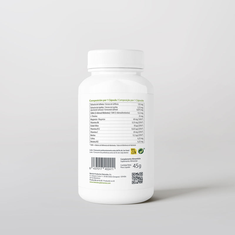 Griffonia Complex 90 Caps Bétula — verso com tabela nutricional e ingredientes