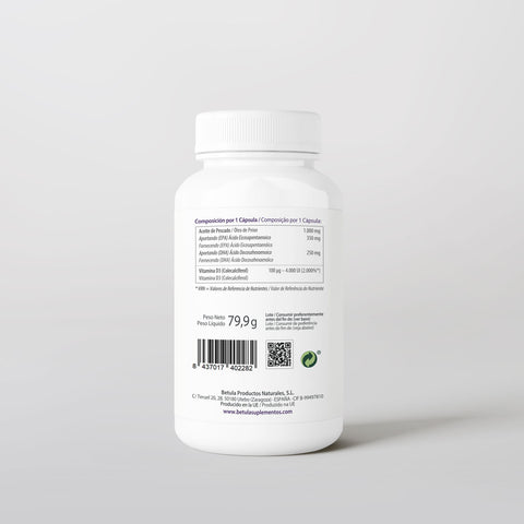 Omega 3 + D 60 Caps Bétula — verso com tabela nutricional e ingredientes