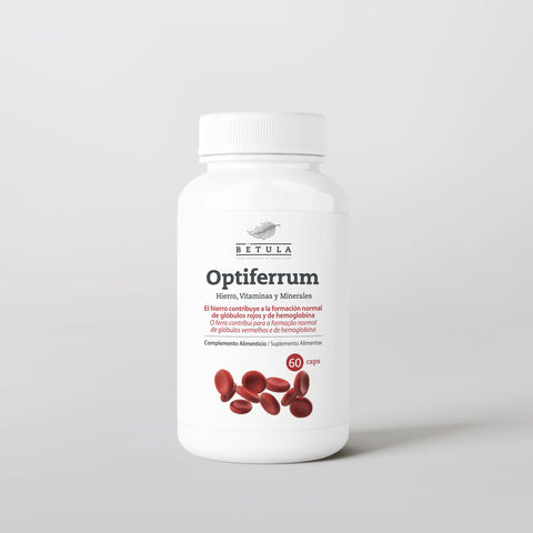 Optiferrum Bétula, suplemento de ferro com vitamina C e vitaminas B, embalagem de 60 cápsulas