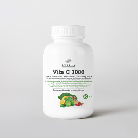 Vita C 1000 Bétula, embalagem de 90 comprimidos de vitamina C com rosa mosqueta e flavonoides cítricos