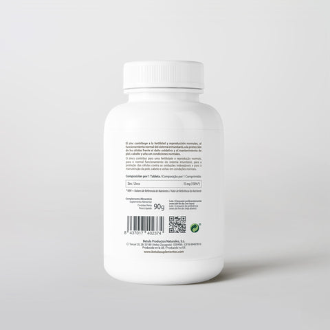 Zinc 15 mg 180 Comp Bétula — verso com tabela nutricional e ingredientes