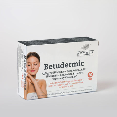 Frasco de Betudermic Bétula com 30 cápsulas de colagénio hidrolisado, ácido hialurónico e vitamina C