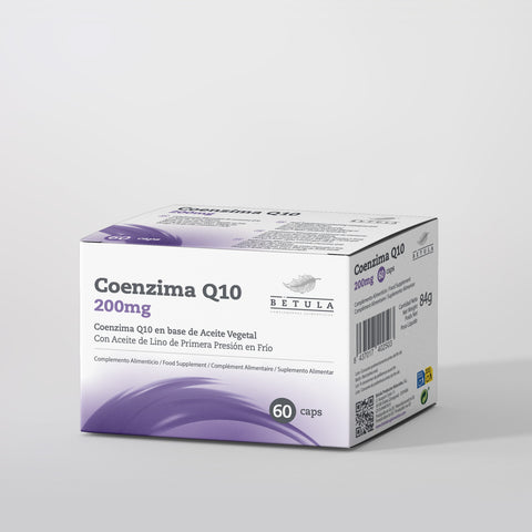 Coenzima Q10 200 mg Bétula, frasco de 60 cápsulas moles de ubiquinona em óleo de sementes de linho