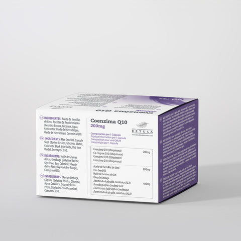 Coenzima Q10 200 mg 60 Caps Bétula — verso com tabela nutricional e ingredientes