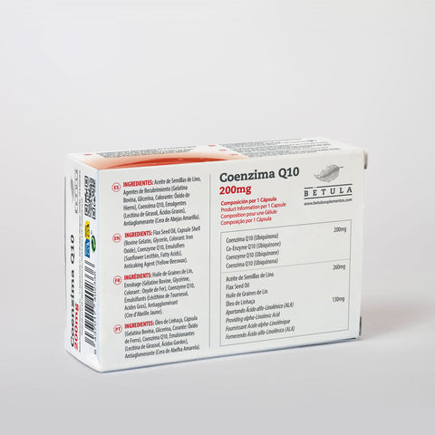 Coenzima Q10 200 mg 30 Caps Bétula — verso com tabela nutricional e ingredientes