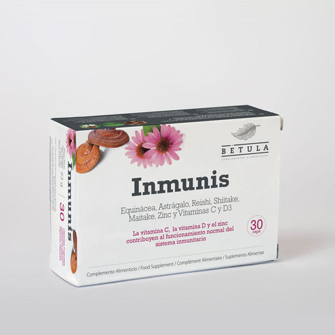 Inmunis Bétula, equinácea com cogumelos, vitamina C, D3 e zinco, frasco de 30 cápsulas