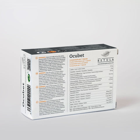 Ocubet 30 Caps Bétula — verso com tabela nutricional e ingredientes