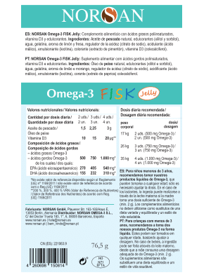 Rótulo das NORSAN Ómega-3 FISK Jelly com tabela nutricional, dose por peso e ingredientes