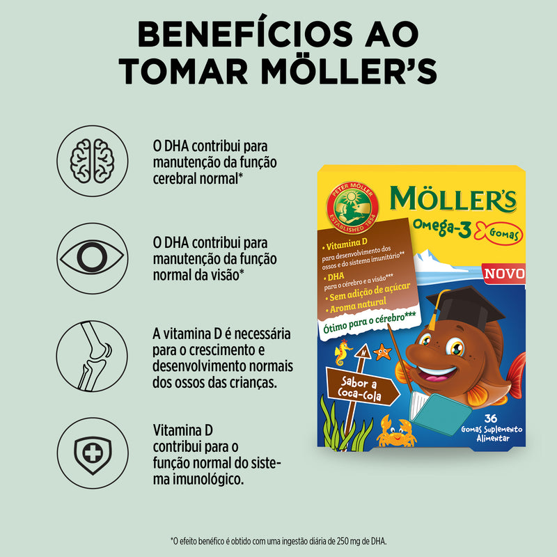 Gomas ómega-3 Möller's sabor cola para crianças, 36 unidades – benefícios