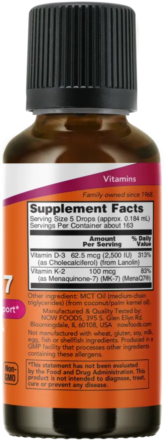Líquido D-3 e MK-7 30 ml Now Foods - Viva Saudável