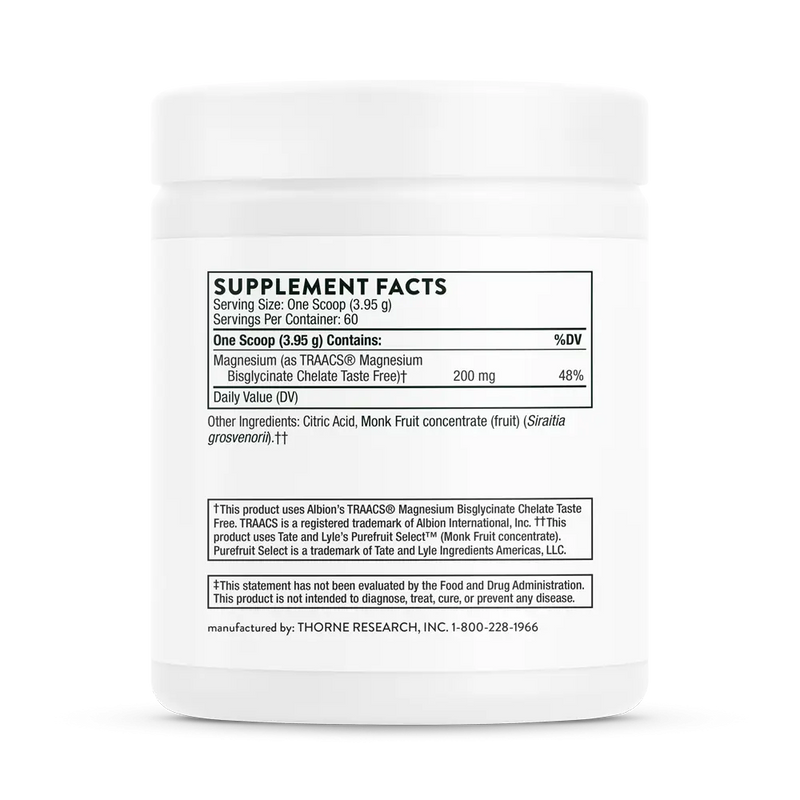 Frasco de Bisglicinato de Magnésio Thorne 187g - informação nutricional e ingredientes