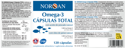 Rótulo das NORSAN Ómega-3 Cápsulas TOTAL com composição, ingredientes e modo de uso
