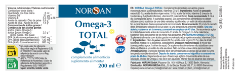 Rótulo do NORSAN Ómega-3 TOTAL limão com tabela nutricional, ingredientes e modo de uso