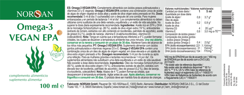 Rótulo do NORSAN Ómega-3 VEGAN EPA com tabela nutricional, ingredientes e modo de uso