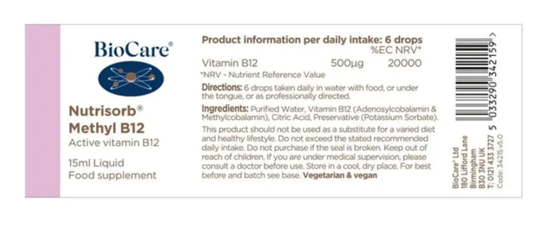 Methyl B12 Líquido Nutrisorb 15 ml Biocare - Viva Saudável
