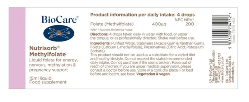 Detalhe do rótulo do Nutrisorb Methylfolate BioCare destacando L-metilfolato de cálcio e indicação para suporte pré-natal