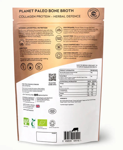 Organic Bone Broth Collagen Protein Herbal Defence 225g Planet Paleo - Viva Saudável