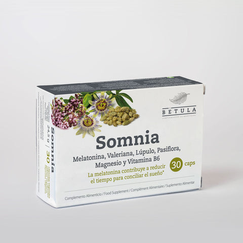 Somnia Bétula, embalagem de 30 cápsulas vegetais com melatonina, valeriana, lúpulo e magnésio