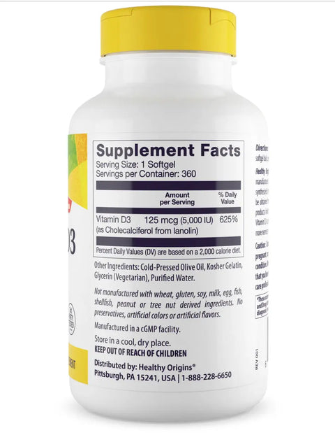 Vitamin D3 5.000 IU 360 softgel Healthy Origins - Viva Saudável
