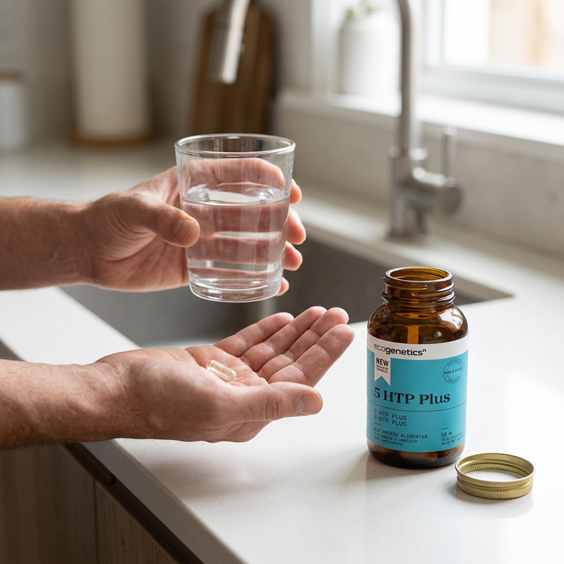 Adulto a preparar a toma de 5-HTP Plus Ecogenetics