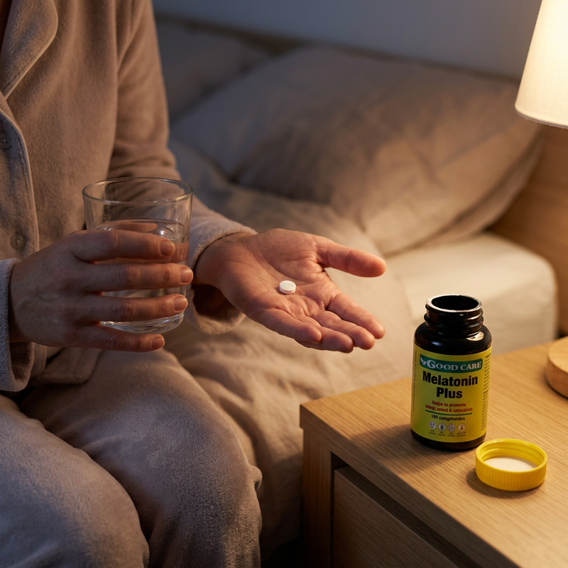 Adulto a preparar a toma de Melatonin Plus GoodCare