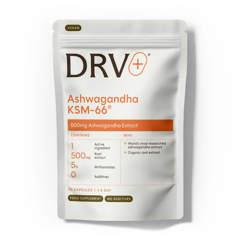 Ashwagandha KSM-66® DRV+ (DR.VEGAN) – ashwagandha ecológica 500 mg, 30 cápsulas veganas – envase