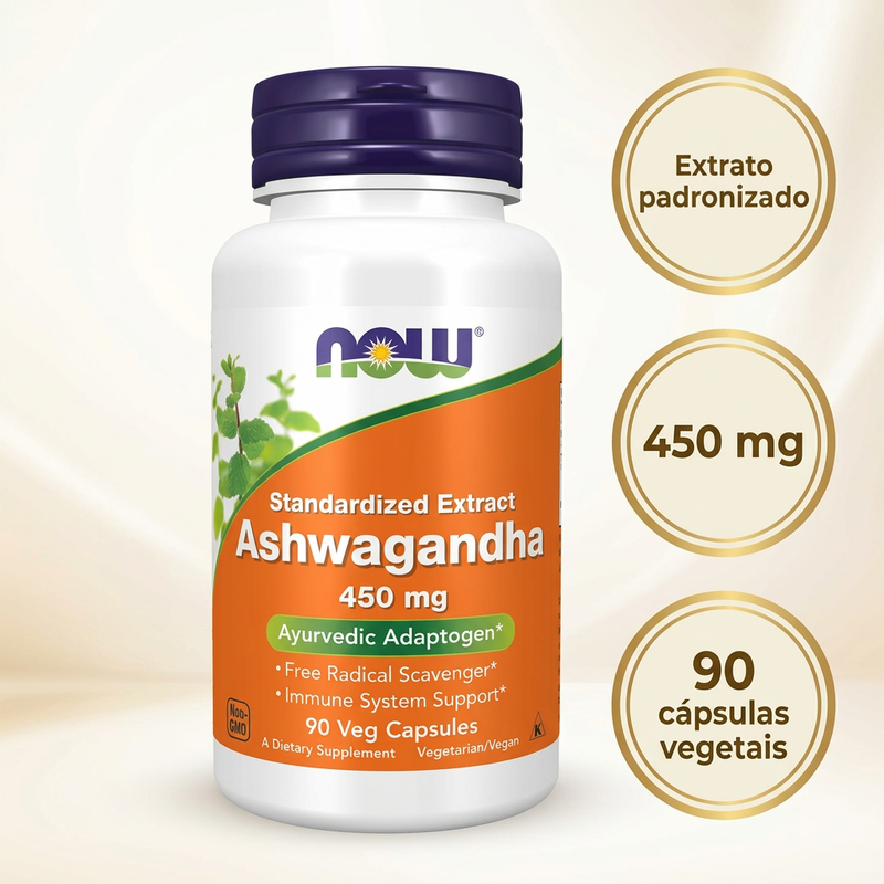 Ashwagandha NOW com destaques informativos
