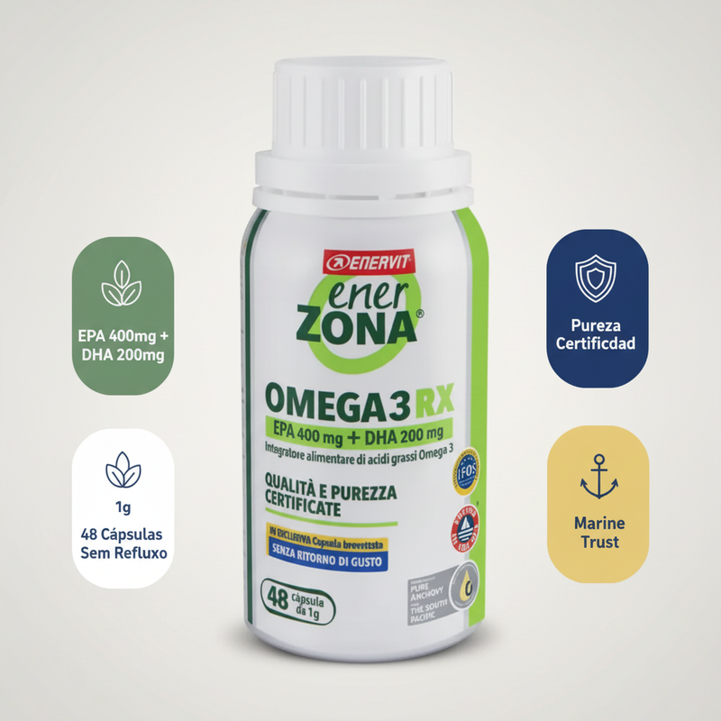 Ómega 3 RX Enerzona 48 cápsulas – embalagem com os destaques da fórmula