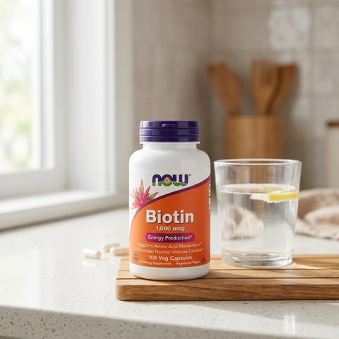Biotina NOW numa bancada de cozinha