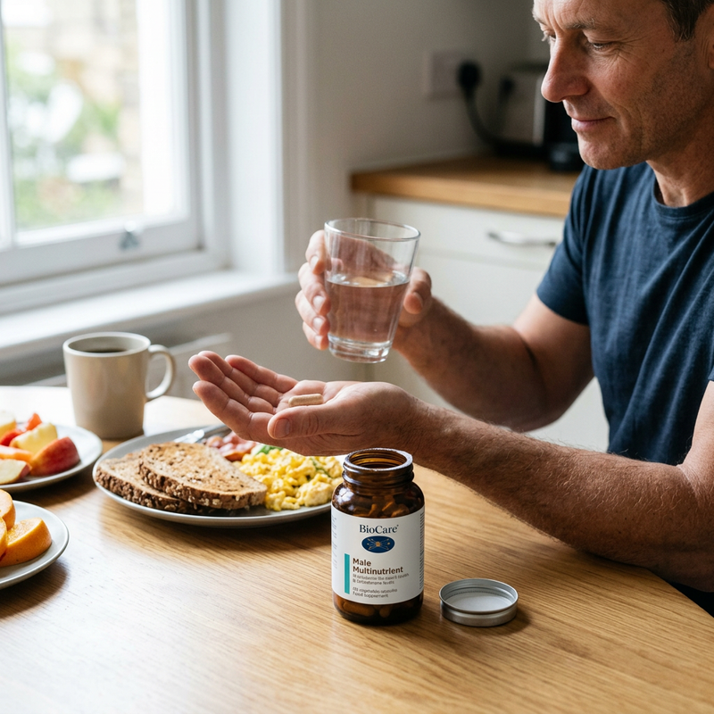 Homem a preparar a toma de Male Multinutrient BioCare