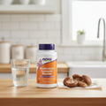 Frasco Mushroom Immune Renew numa rotina diária com copo de água e cogumelos