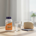 Frasco NOW Saccharomyces Boulardii numa rotina de viagem com copo de água e bolsa de viagem