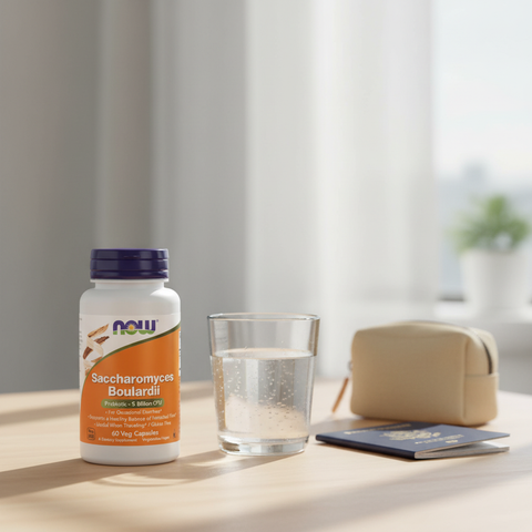 Frasco NOW Saccharomyces Boulardii numa rotina de viagem com copo de água e bolsa de viagem