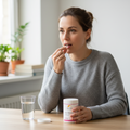 Mulher adulta a tomar uma cápsula Be-Life Anti-Stress 600 com um copo de água