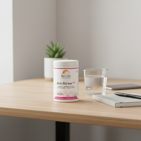 Embalagem Be-Life Anti-Stress 600 numa rotina diária com água, caderno e secretária