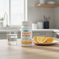Frasco NOW Kids Kid Vits Laranja numa rotina de pequeno-almoço com copo de água e laranjas