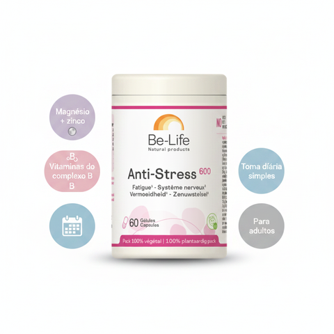 Embalagem Be-Life Anti-Stress 600 com badges sobre magnésio, zinco, vitaminas do complexo B, toma diária e adultos