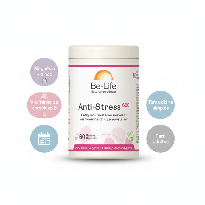 Embalagem Be-Life Anti-Stress 600 com badges sobre magnésio, zinco, vitaminas do complexo B, toma diária e adultos