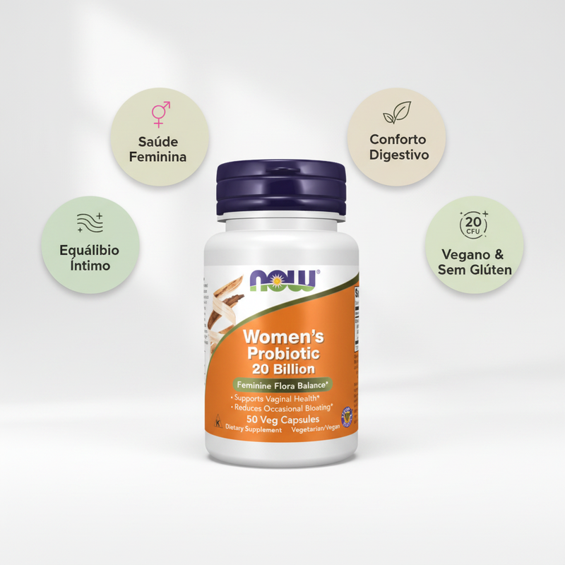 Women's Probiotic NOW Foods – embalagem com os destaques da fórmula