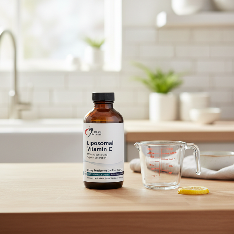Vitamina C Lipossomal Designs for Health – embalagem numa rotina diária