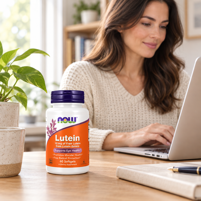 Luteína NOW Foods – embalagem numa rotina diária
