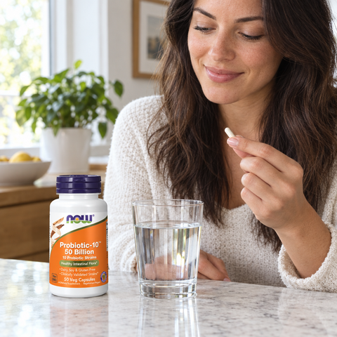 NOW Probiotic-10 50 mil milhões – pessoa a tomar o suplemento