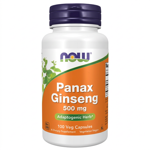 Panax Ginseng NOW 500 mg em fundo branco