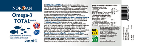 Rótulo do NORSAN Ómega-3 TOTAL Natural com tabela nutricional, ingredientes e modo de uso