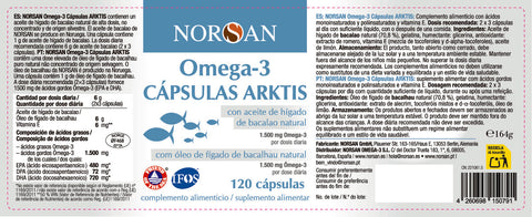 Rótulo das NORSAN Ómega-3 Cápsulas ARKTIS com composição, ingredientes e modo de uso