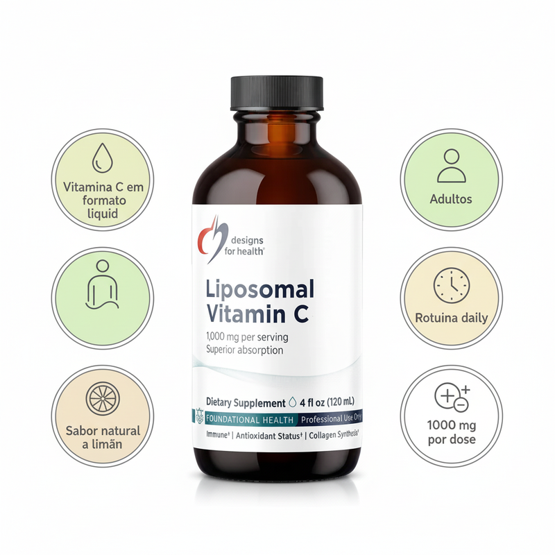Vitamina C Lipossomal Designs for Health – embalagem com os destaques da fórmula